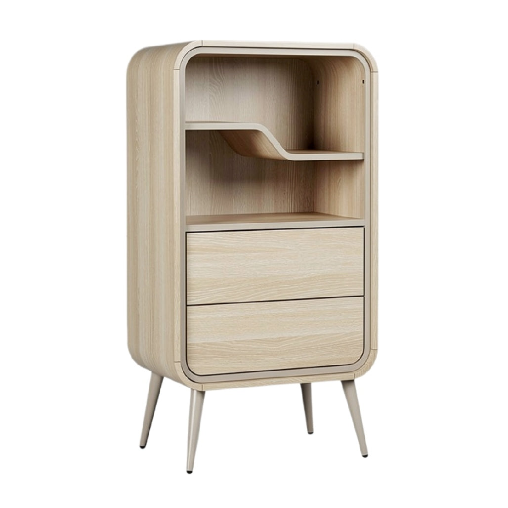 Moderne houten kast met open plank en lades