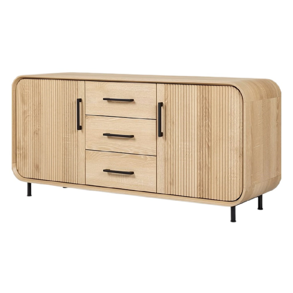 Titel: "Moderne Houten TV-meubel met Ronde Hoeken en Zwarte Handgrepen"