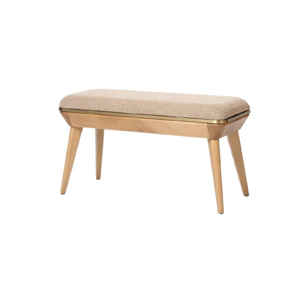 Moderne houten bank met stoffen zitting