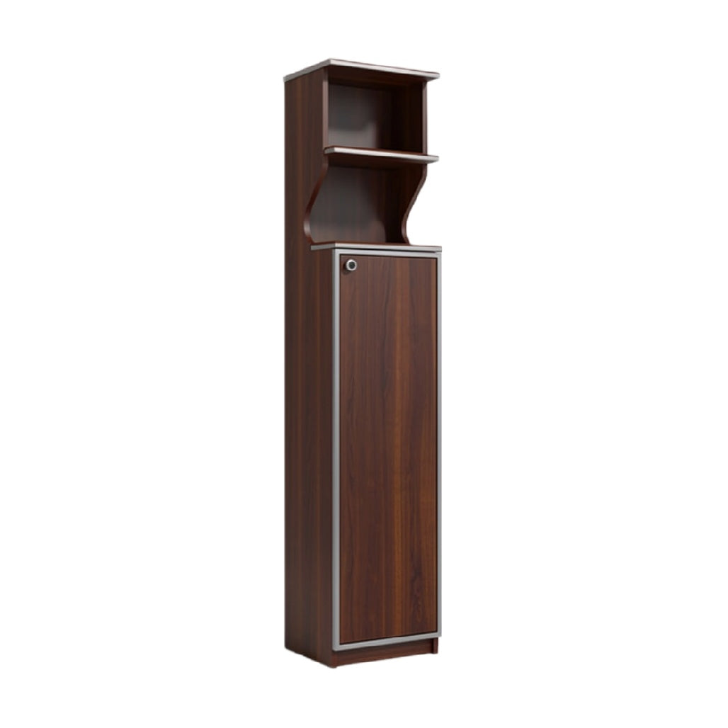 Moderne boekenplank met kast en open planken in donker hout.